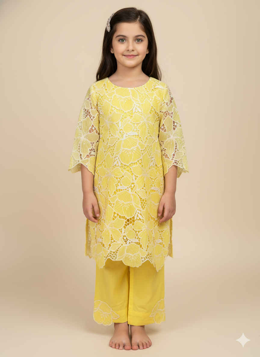 Two piece embroidered cutwork suit